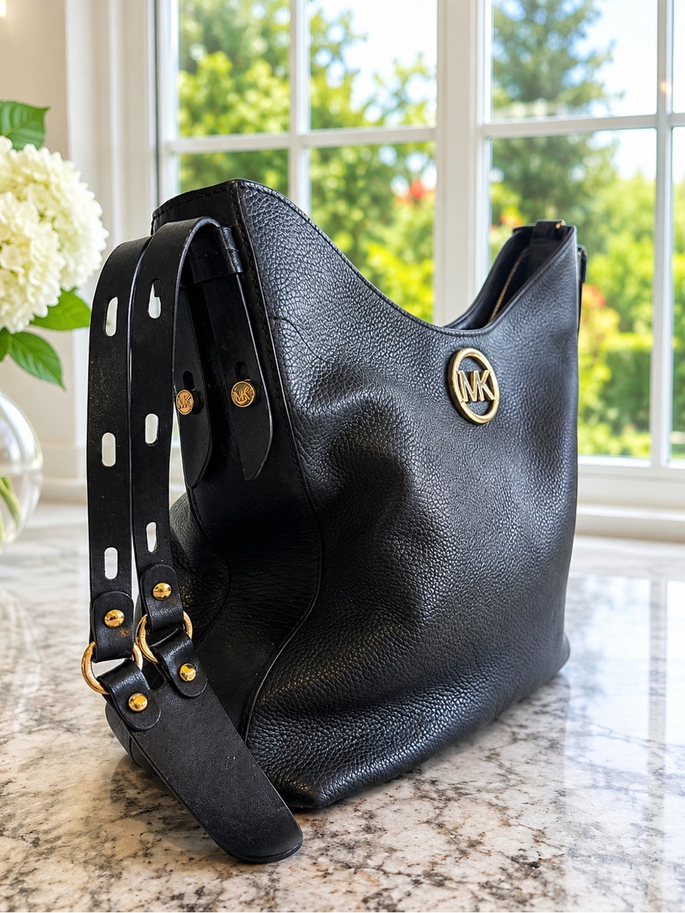 Michael Kors Black Pebbled Leather Hobo with Gold MK Accent - Picture 3 of 4